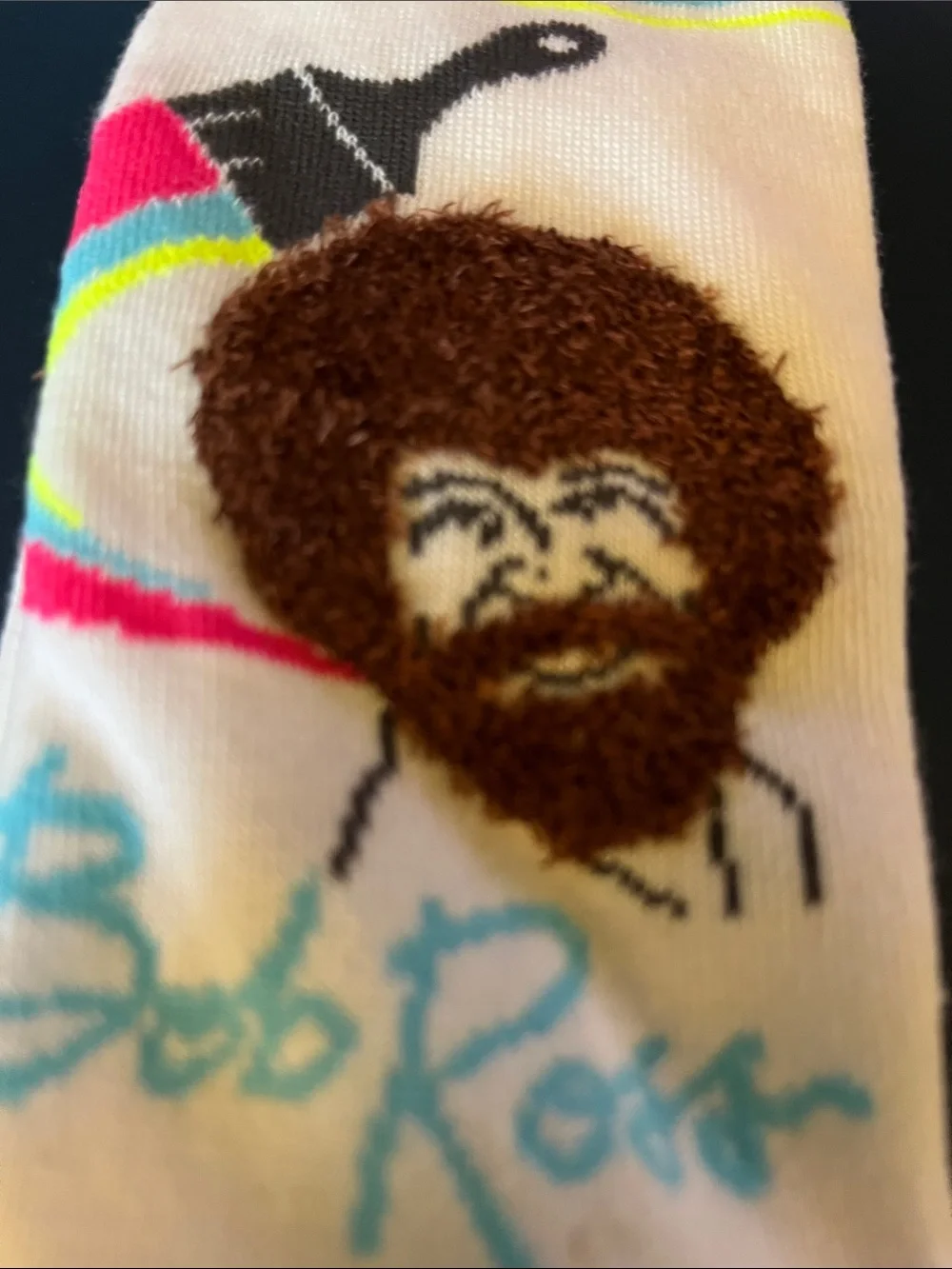 Bob Ross Men’s White Crew Socks with Neon Accents